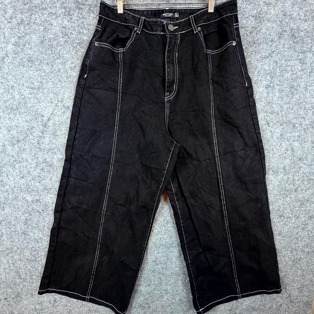 Nasty Gal Collection Wide Leg Jeans Womens 12 Black Baggy Skater Contrast Stitch